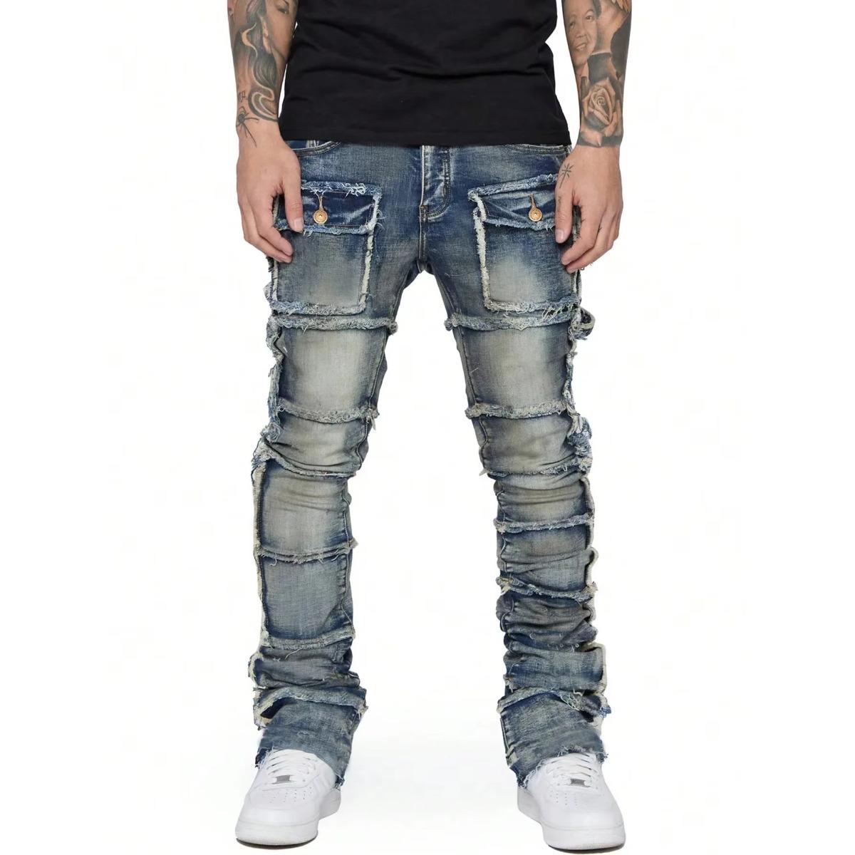 FlowStreet New Men Ripped Stacked Jeans Distressed Slim Fit Skinny Straight Leg Jeans Fashion Hip Hop Denim Pants Casual Streetwear S
