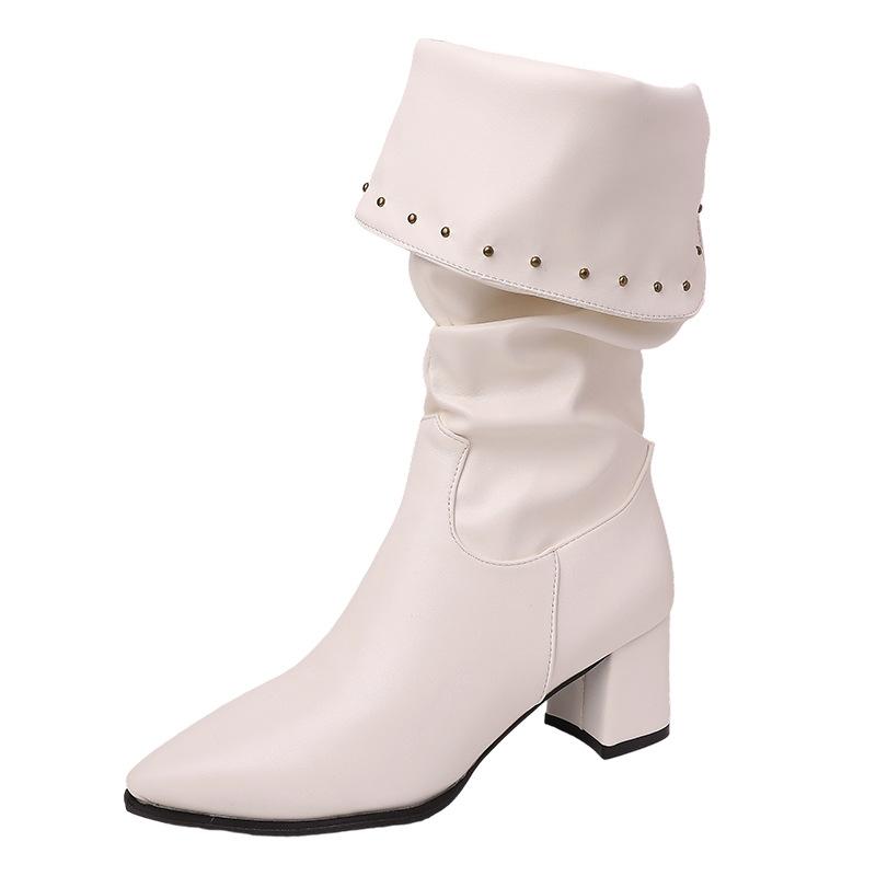 Fashion Spice Girl Pleated Autumn and Winter Pile Boots Women's Autumn and Winter Design Sense Pointed Rivet Fashion Boots High Heel Knight Boots