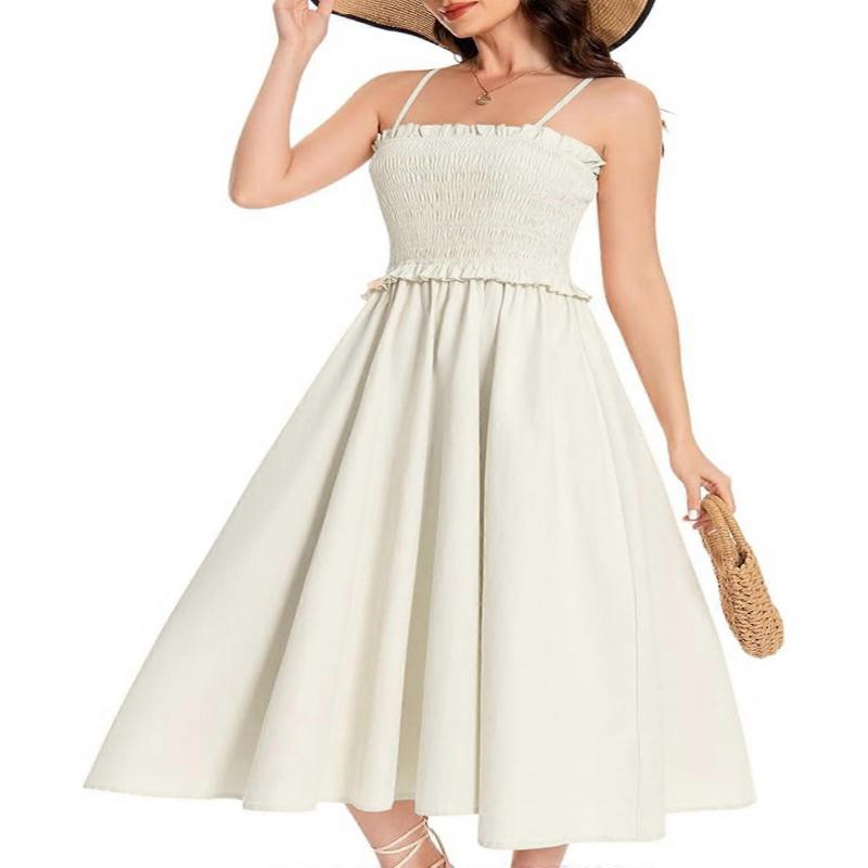 Summer Women's French First Love Style Slimming High Waist A-Line Dress Elegant Solid Color
