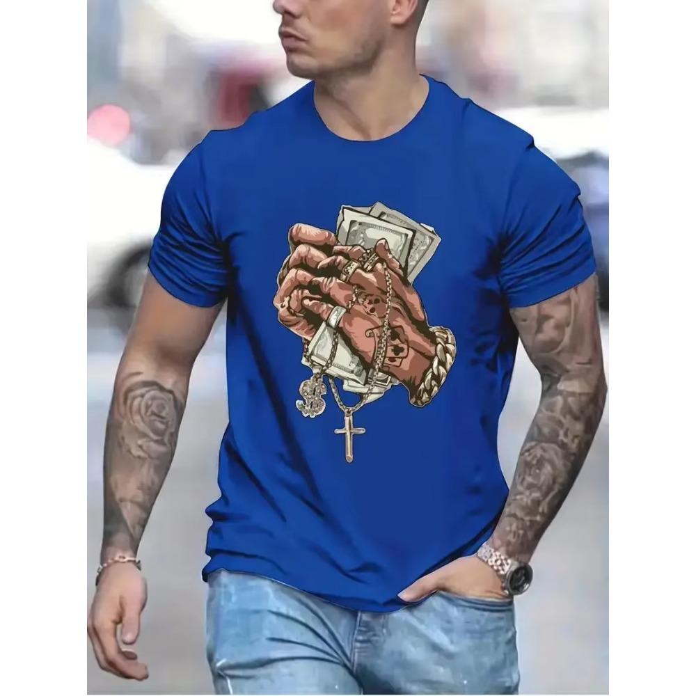 Hands Money Print, Men's T-shirt, Round Neck Short Sleeve Tops, Patterned T-shirt, Men's Summer Wear, Men's Clothing