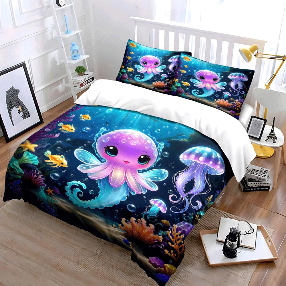 Underwater Fantasy Jellyfish Set Perfect For Ocean-Themed Decorations, Kids' Rooms. Exquisite Three-Piece Bedding Set Gift