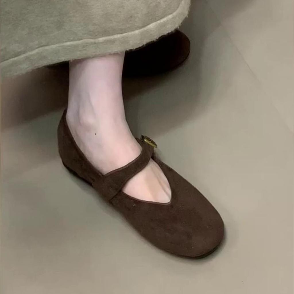 Simple Design Round Head with Buckle Suede Mary Jane Soft Sole Comfortable Women's Shoes