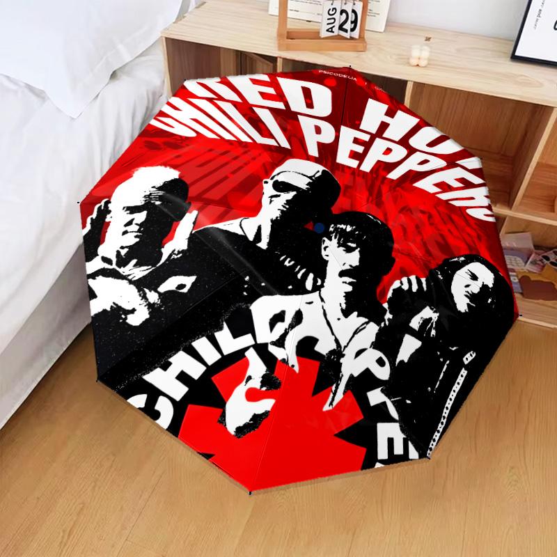 1PC Hot Chili Music Automatic Folding Umbrella 8-Rib Travel Umbrella with Auto Portable Case, Ideal Gift for Birthdays