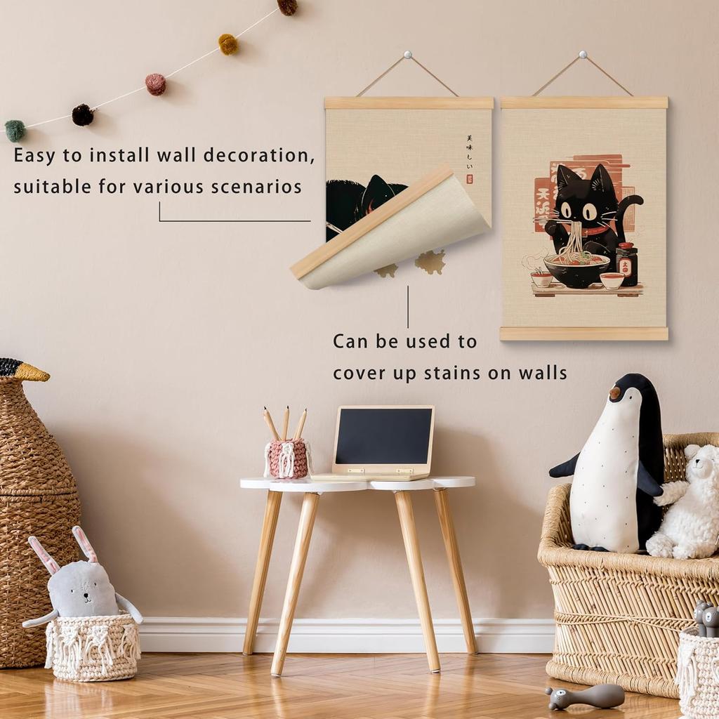 ROXMART Vintage Japanese Sushi Black Cat Poster Hanger Frame, Retro Edo Period Ramen Sushi Cat Wall Art Prints Decor for Kitchen Restaurant Home