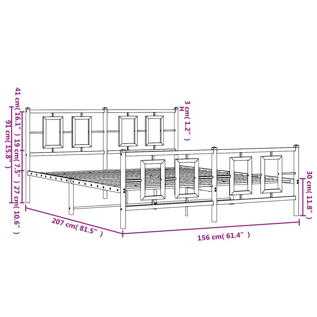 Metal Bed Frame with Headboard and Footboard Black 150x200 Cm