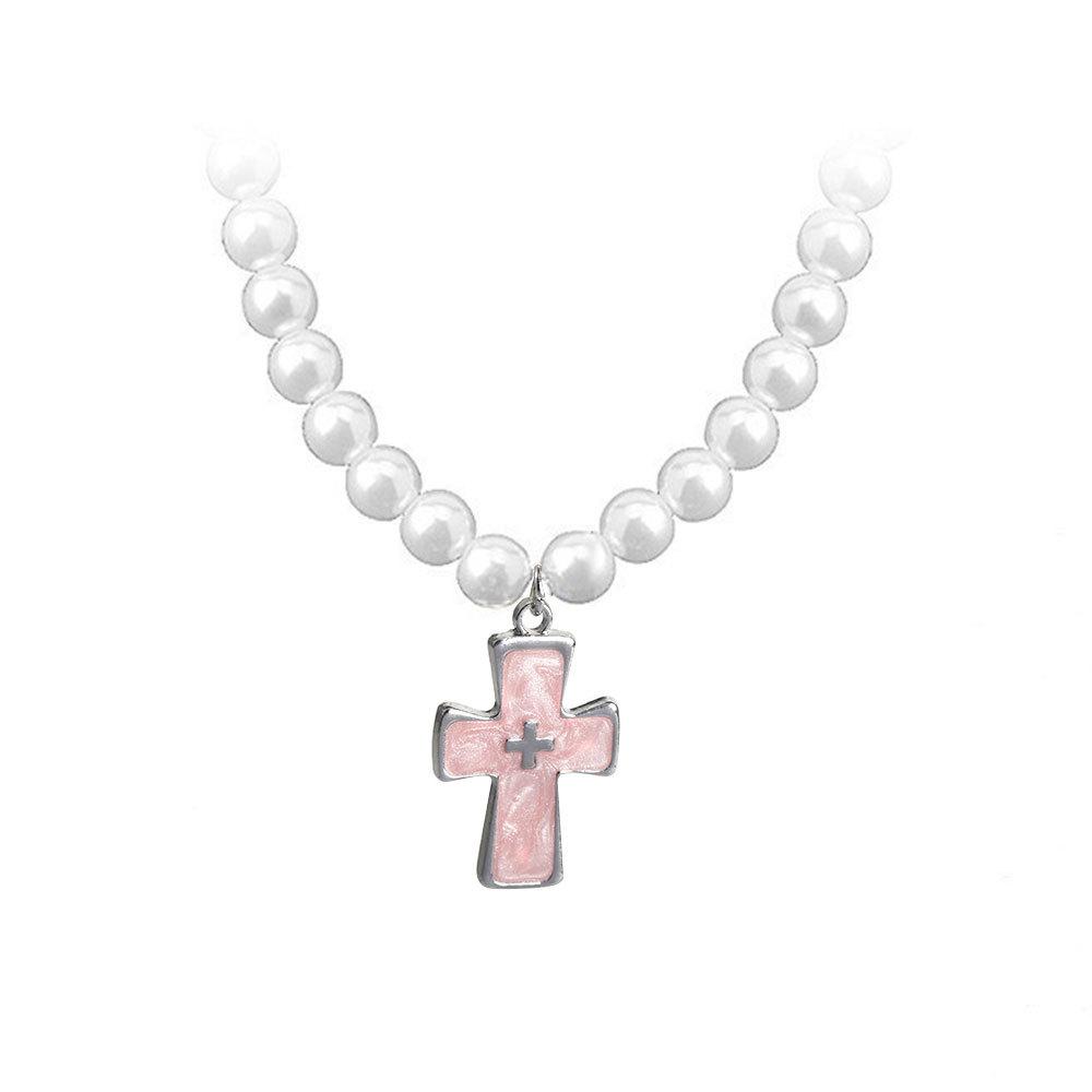 Heart Cross Faux Pearl Necklace, Delicate Stackable Sweet Clavicle Chain