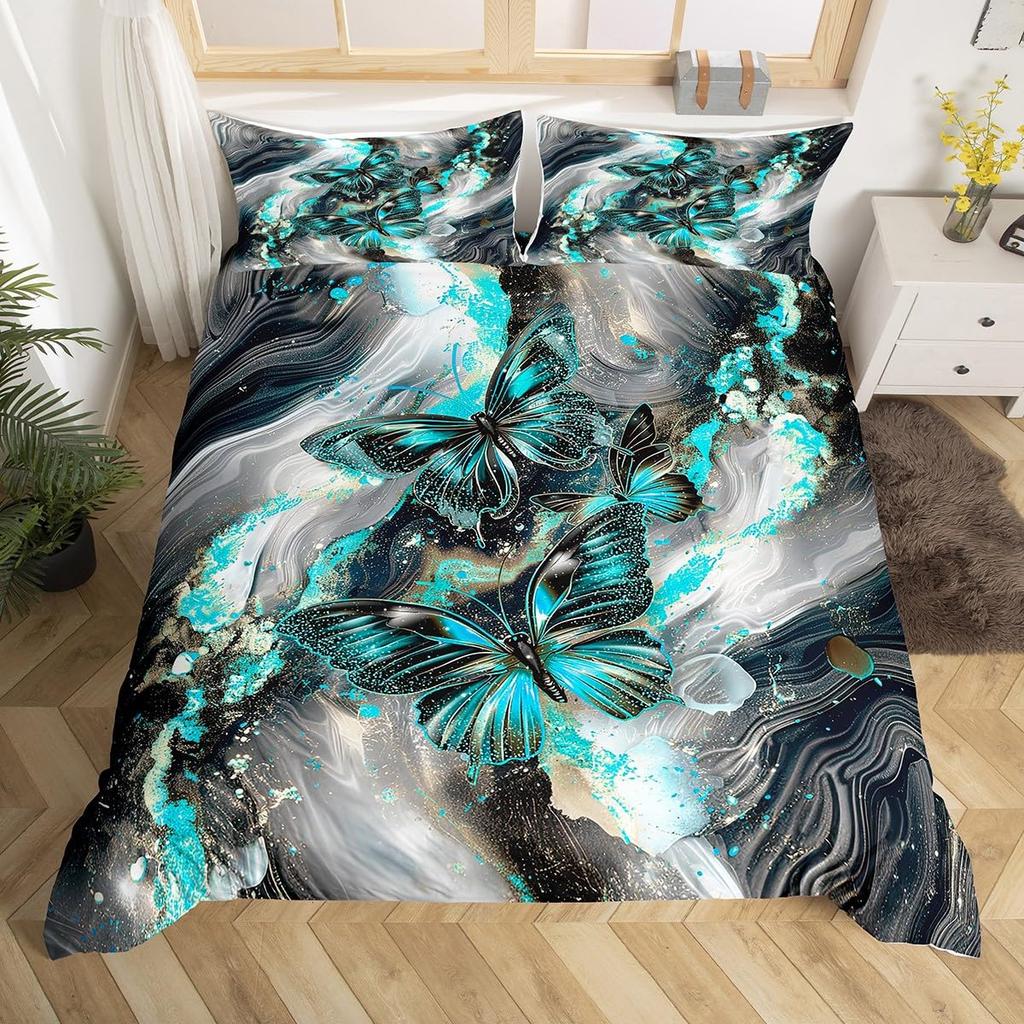 Black Marble Duvet Cover Set Teal Butterfly Comforter Cover,Red Marbling Bedding Sets Full,Abstract Ombre Ink Fluid Art Bed Set