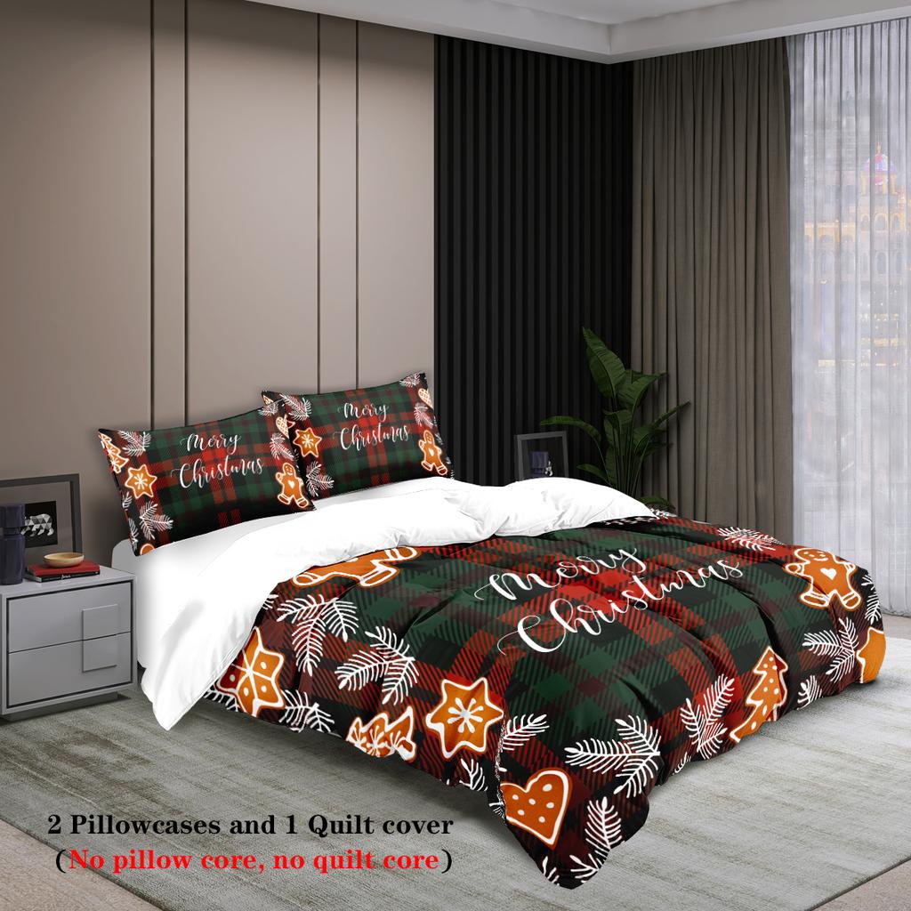 3-piece Christmas themed red checkered Christmas Happy English pattern print (1 duvet cover+2 pillowcases, no core) bedding set