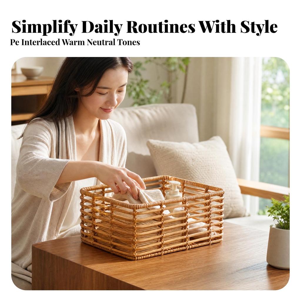 PE Rattan-Style Storage Basket Decorative Rectangular Woven Organizer Easy To