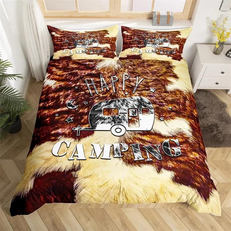 Western Cowhide Duvet Cover King Size Happy Camping Bedding Set Polyester Farmhouse Style Comforter Cover For Travel Rv Bunk Bed