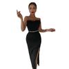"European & American Women's Sexy Celebrity Feather Slit Bandage Midi Dress with Diamonds"