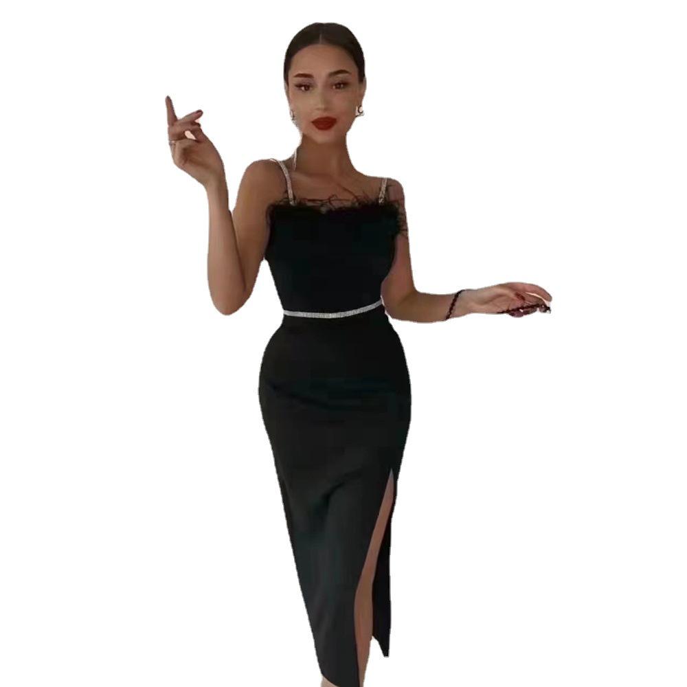 "European & American Women's Sexy Celebrity Feather Slit Bandage Midi Dress with Diamonds"
