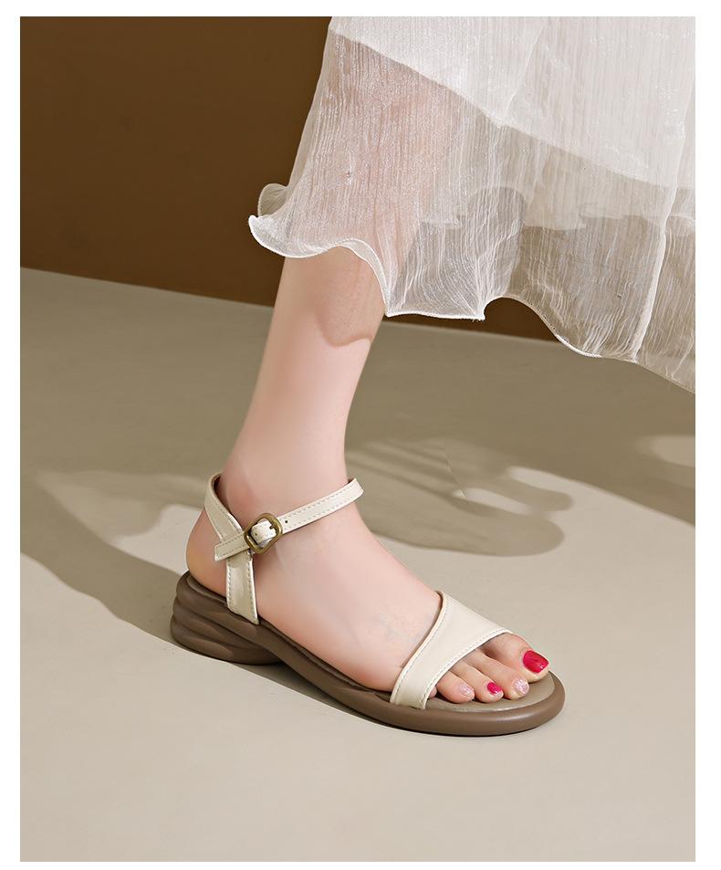 

European and Korean fashion retro women s shoes thick heel round head buckle open-toed sandals low heel one-word buckle with Roman sandals 35