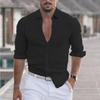Men's Cotton and Linen Lapel Beach Summer Holiday Long Sleeved Shirt Solid Color