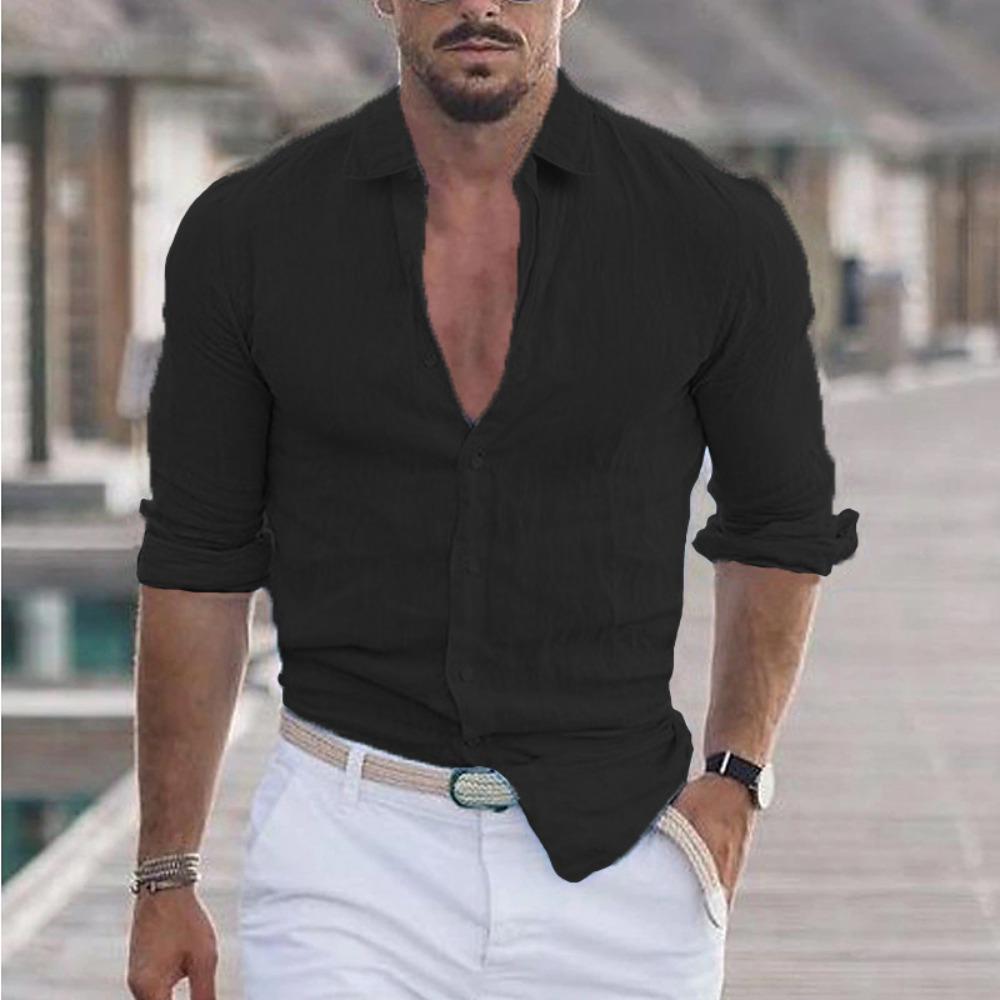 Men's Cotton and Linen Lapel Beach Summer Holiday Long Sleeved Shirt Solid Color