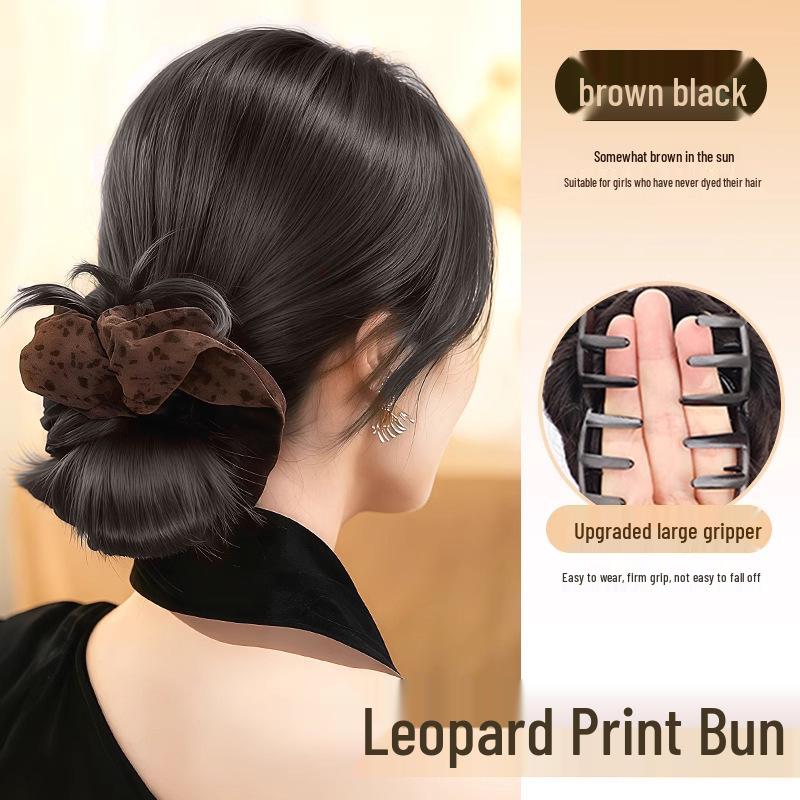 Retro Leopard Print Claw Clip Low Bun with Hair Tie and Natural Fluffy Flower Bud Design
