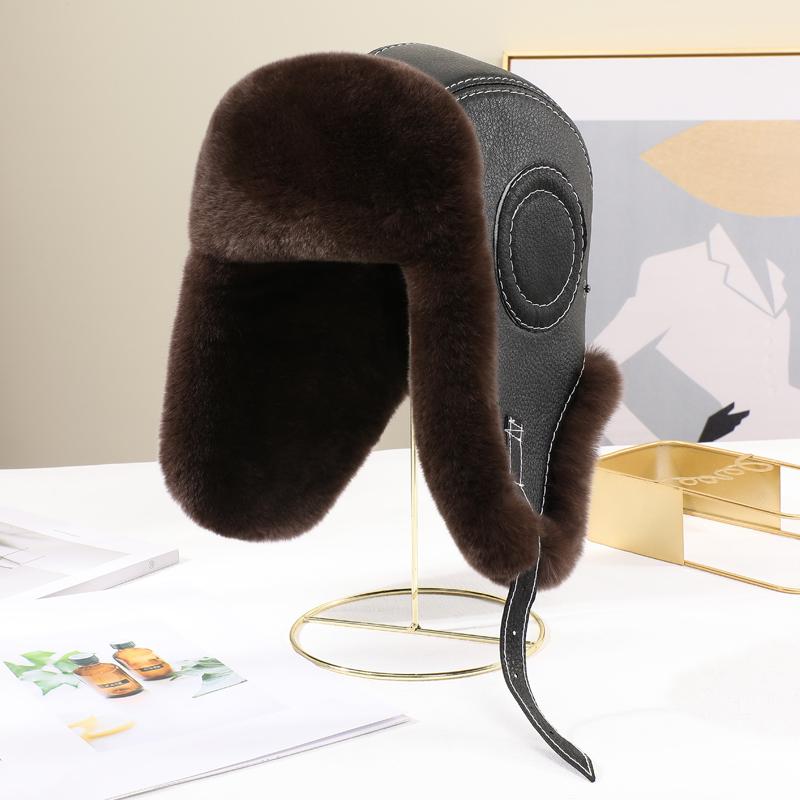 New Men's Natural Rex Rabbit Fur Bomber Hats Winter Russian Man Warm Real Sheepskin Leather Hat Male Real Fur Caps