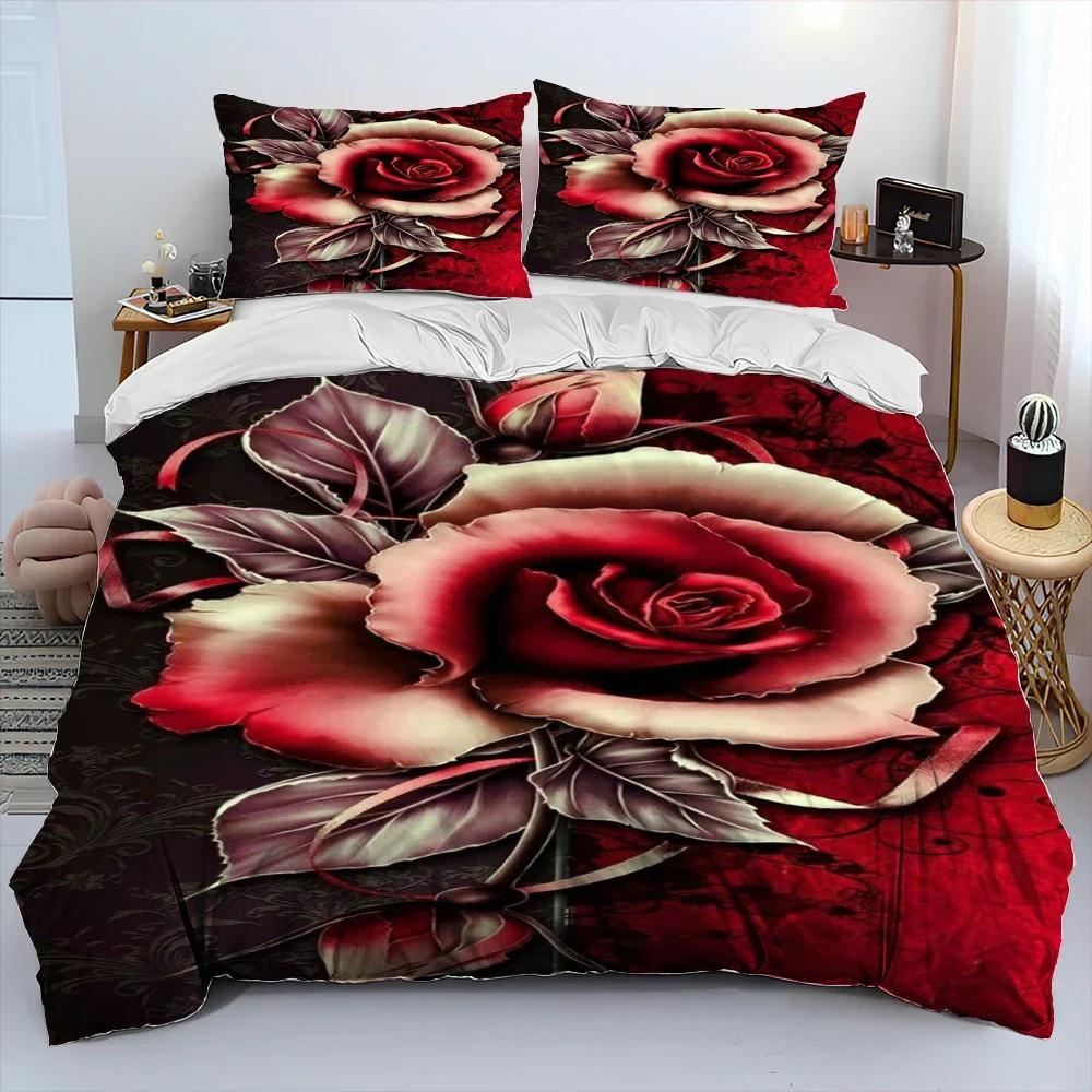 

Rose Floral Duvet Cover Set Polyester Romantic Flowers Bedding Set Twin/King Quilt Cover For Girl Teen Valentine s Day Wedding EU Single(135*200cm)3pcs