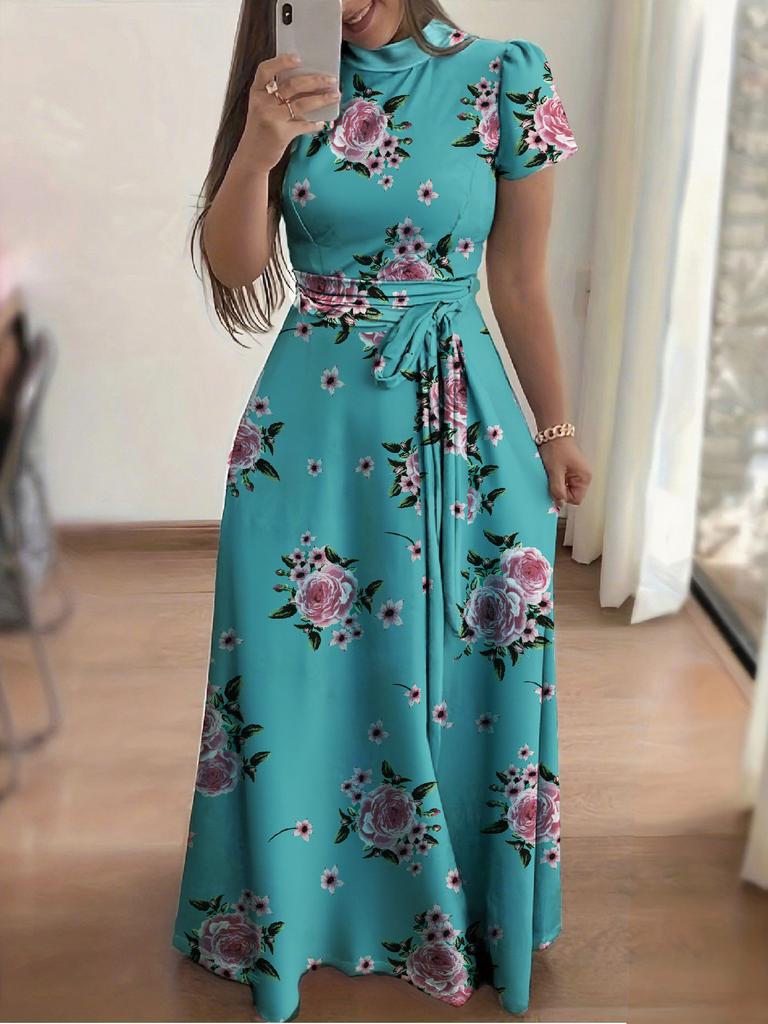 Autumn new style flower print short-sleeved pendulum dress women's clothing