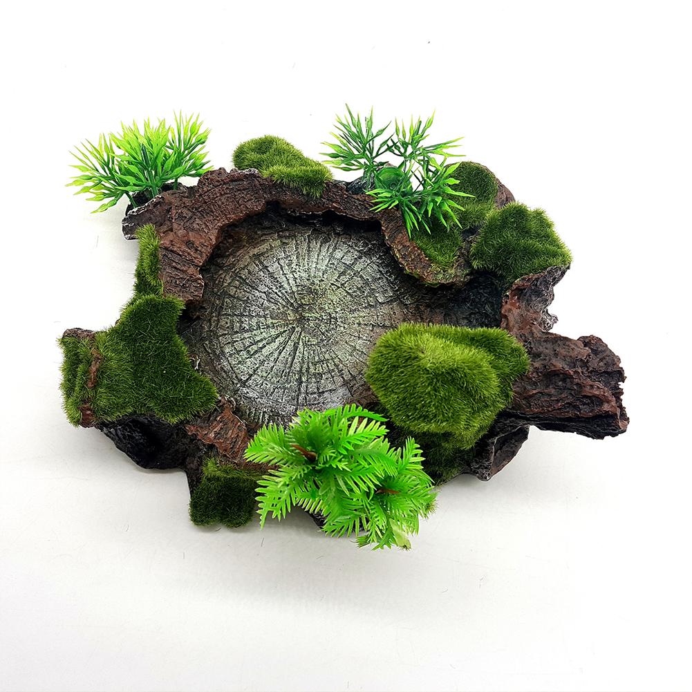Reptile Food Feeding Bowl Water Dish Artificial Tree Trunk Moss Decor For Turtle Lizard Gecko Snake