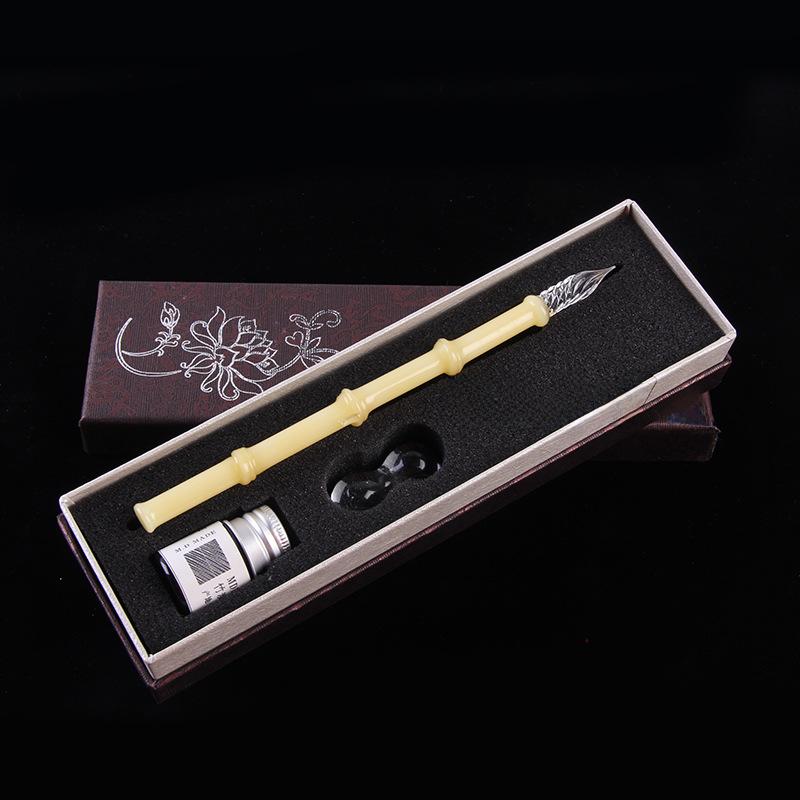 Bamboo Glass Dip Pen with Artistic Colored Ink Calligraphy Crystal Signature Pen for Drawing Writing Office School Supplies