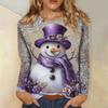 Women's 3D Christmas Snowflake Snowman Printed Round Neck Long Sleeve T-shirt Casual Long Sleeve Top Party Loose Women's Top