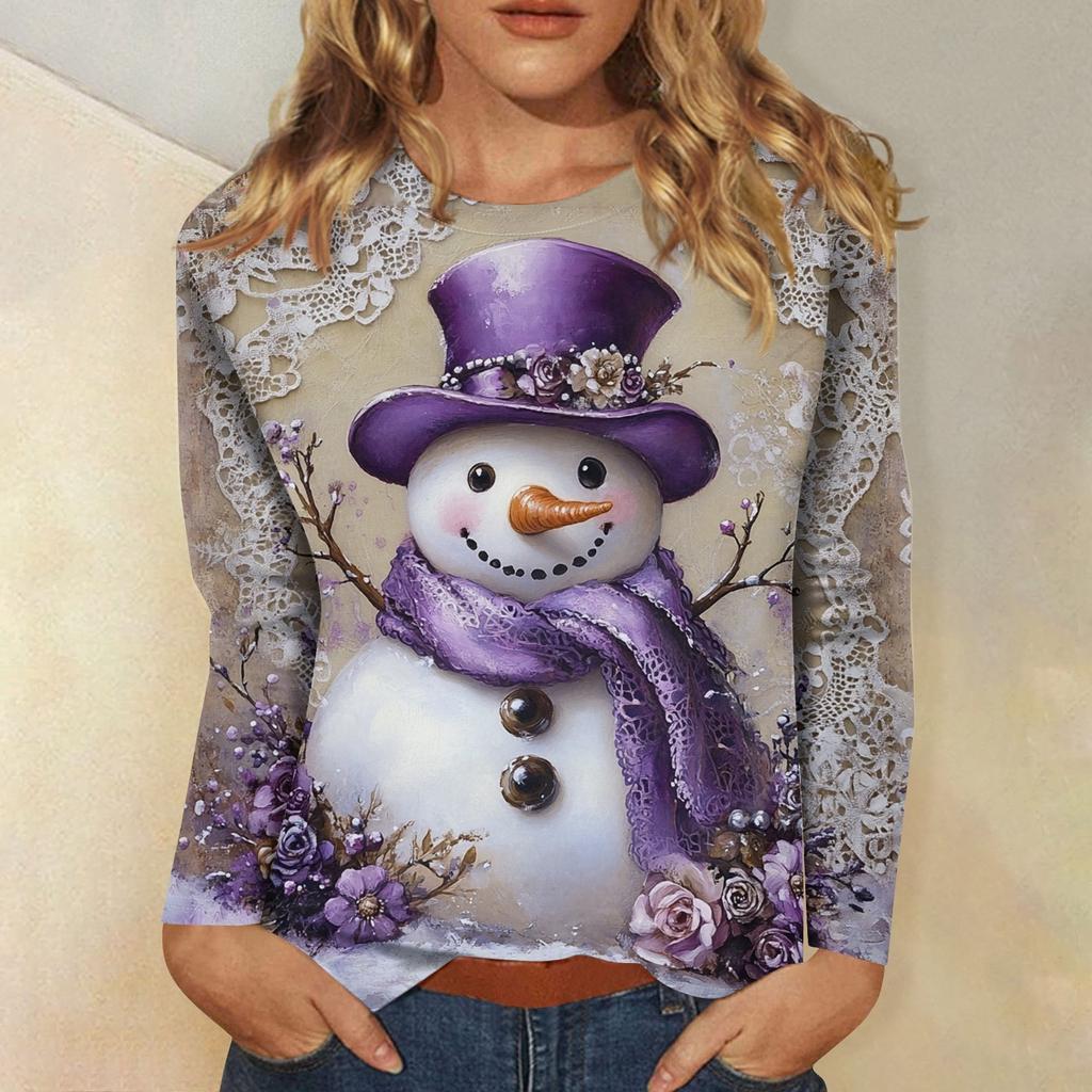 Women's 3D Christmas Snowflake Snowman Printed Round Neck Long Sleeve T-shirt Casual Long Sleeve Top Party Loose Women's Top