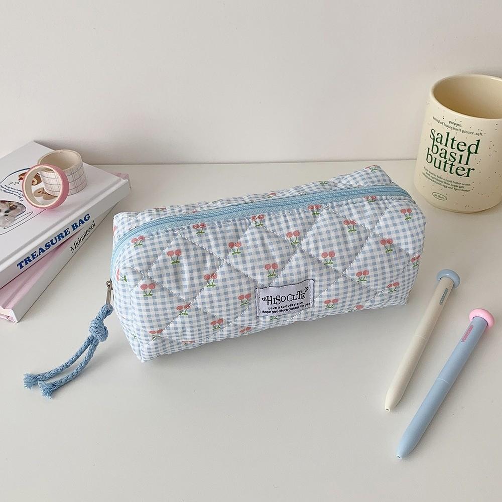 Large Capacity Fruit Cherry Pencil Bag Single Layer Cloth Plaid Pen Bag  Birthday Gift