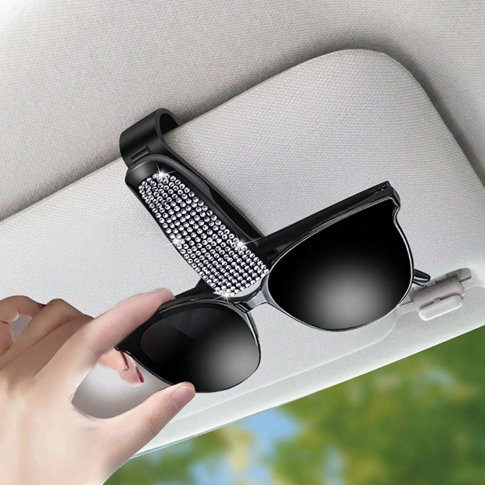 1pc Rhinestone Decor Car Sun Visor Glasses Holder Clip