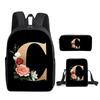 Fashion Novelty Flower letters A-Z 3D Print 3pcs/Set pupil School Bags Laptop Daypack Backpack Inclined shoulder bag Pencil Case