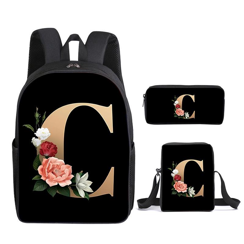 Fashion Novelty Flower letters A-Z 3D Print 3pcs/Set pupil School Bags Laptop Daypack Backpack Inclined shoulder bag Pencil Case