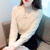 Autumn Winter Fashion New 2024 Long Sleeve Beading Stand Collar Ruffles Apricot Velvet Lace Blouse Shirt Women Tops Blouses Shirts J769