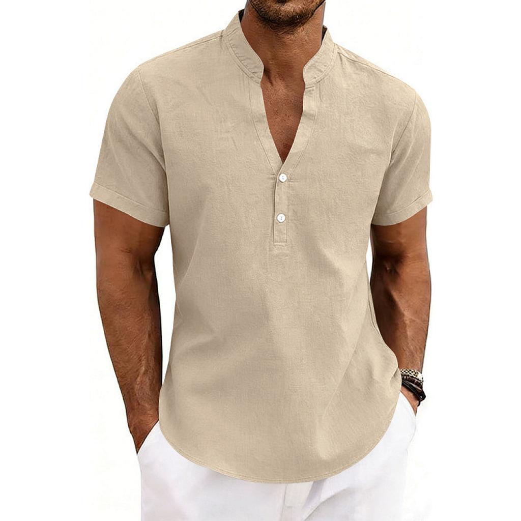 Men's New American Style Summer Henley V-Neck T-Shirt, Loose Breathable Linen Casual Commute Short Sleeve Tee