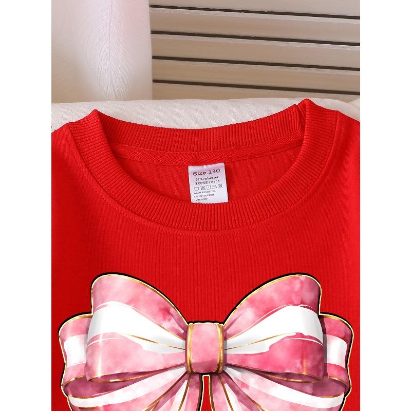 Girls' Crewneck Sweatshirt Pink And White Striped Bow with Golden Machine Washable, Spring And Autumn, Sportswear And Casual Wear