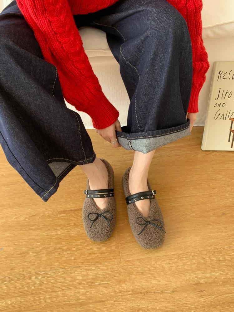 French autumn and winter bow, light mouth, round head, fluffy shoes, flat-soled warm ballet single shoes, ballet cotton shoes