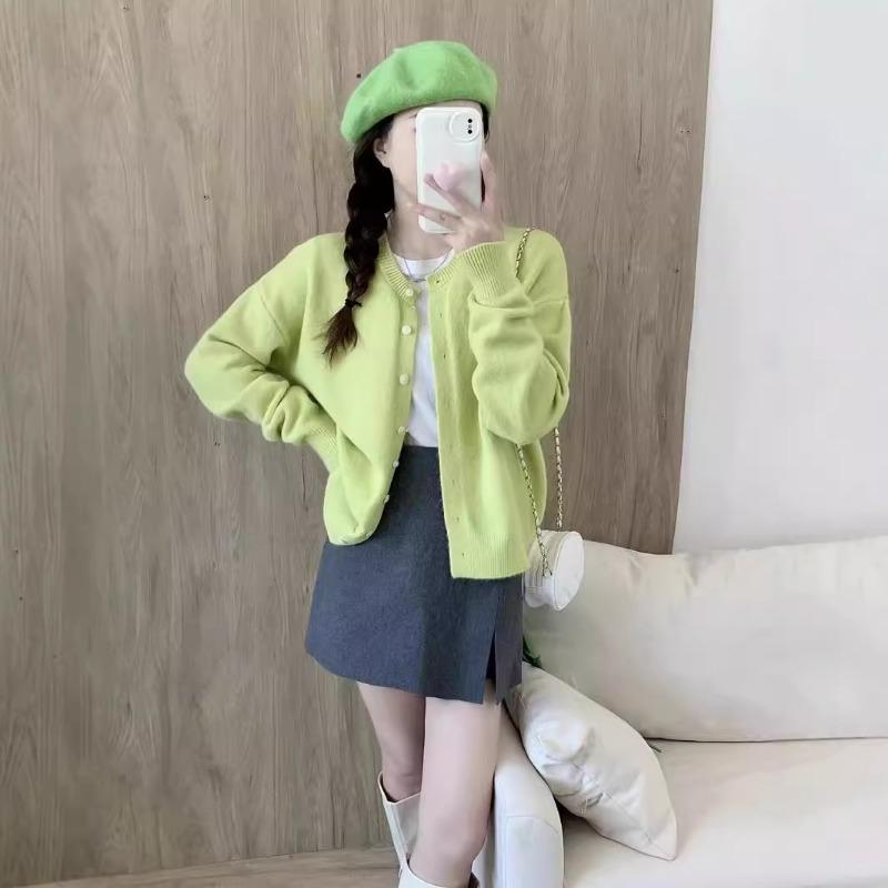 New candy color loose round neck long-sleeved knitted cardigan women's age-reducing small fresh single-breasted sweater jacket