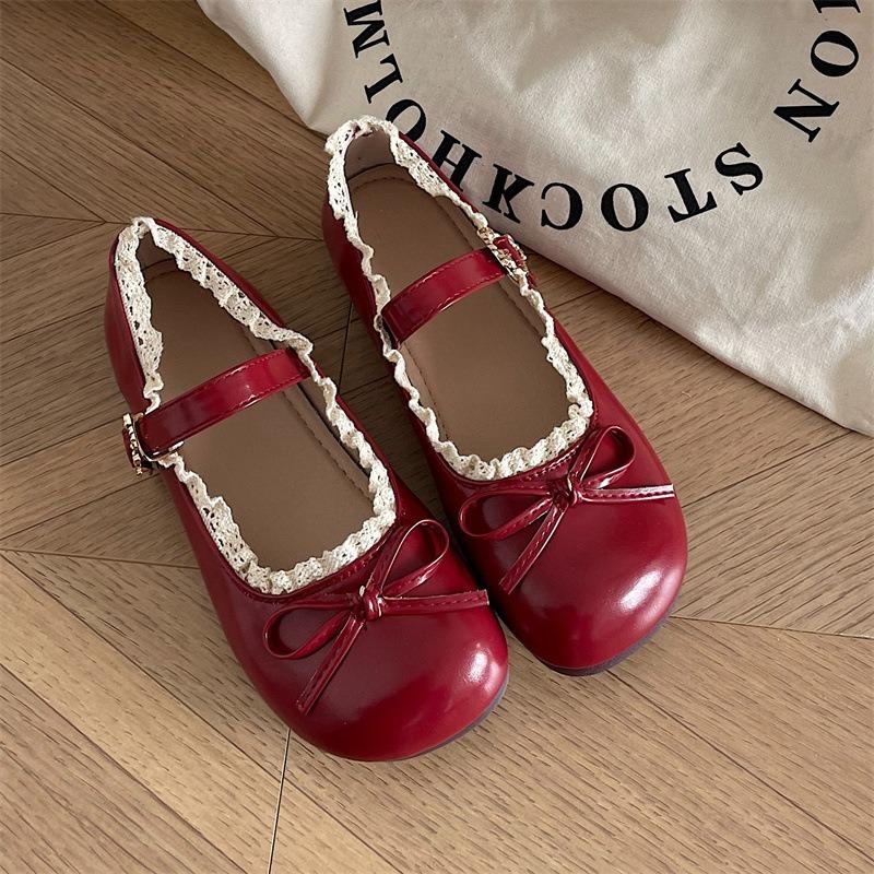 Women's Flat Shoes Vintage Round Toe Elegant Bow Lace Ruffled Ballet Shallow Flats Fashion Comfortable Soft Mary Jane Shoes