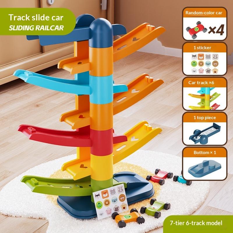 Toddler Car Sliding Ramp Toy with Mini Cartoon Cars Multi Layer Tracks BPA Free Smooth Surface Play Set for 1-3 Year Old Baby Boys Girls