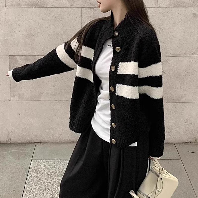 Fashion Turtleneck Striped Knitted Cardigan Women's Sweater Autumn and Winter Coat Loose Simple Casual Office Top Ladies Clothing