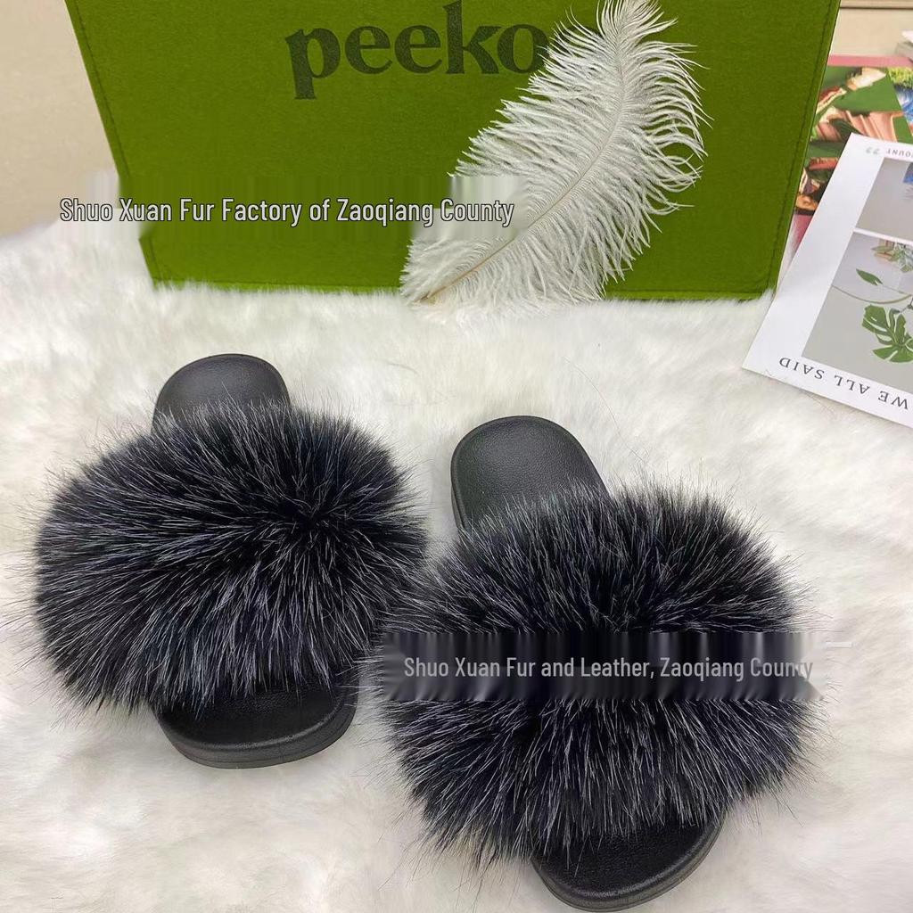 Women's Summer Fox Fur Slippers: Celebrity Trend, Flat Fur Sandals, Soft-Soled Flip Flops, Euro-American Style.
