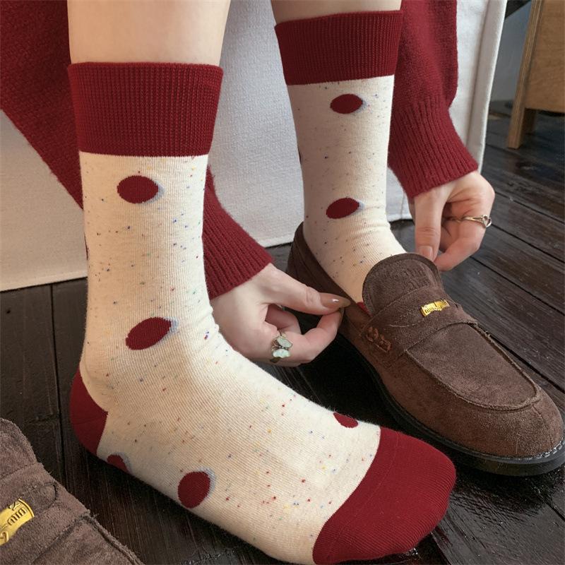 Puppy Cute Polka Dot Cartoon Korean Big Red Season Socks Girls Pile Socks Pure Cotton Mid-Leg Socks Super