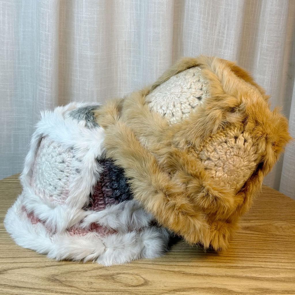 Colorful Rabbit Fur Fisherman Hat for Women In Autumn and Winter Hand Knitted Woolen Hat Warm Furry Hat Showing Face Small Plush Hat