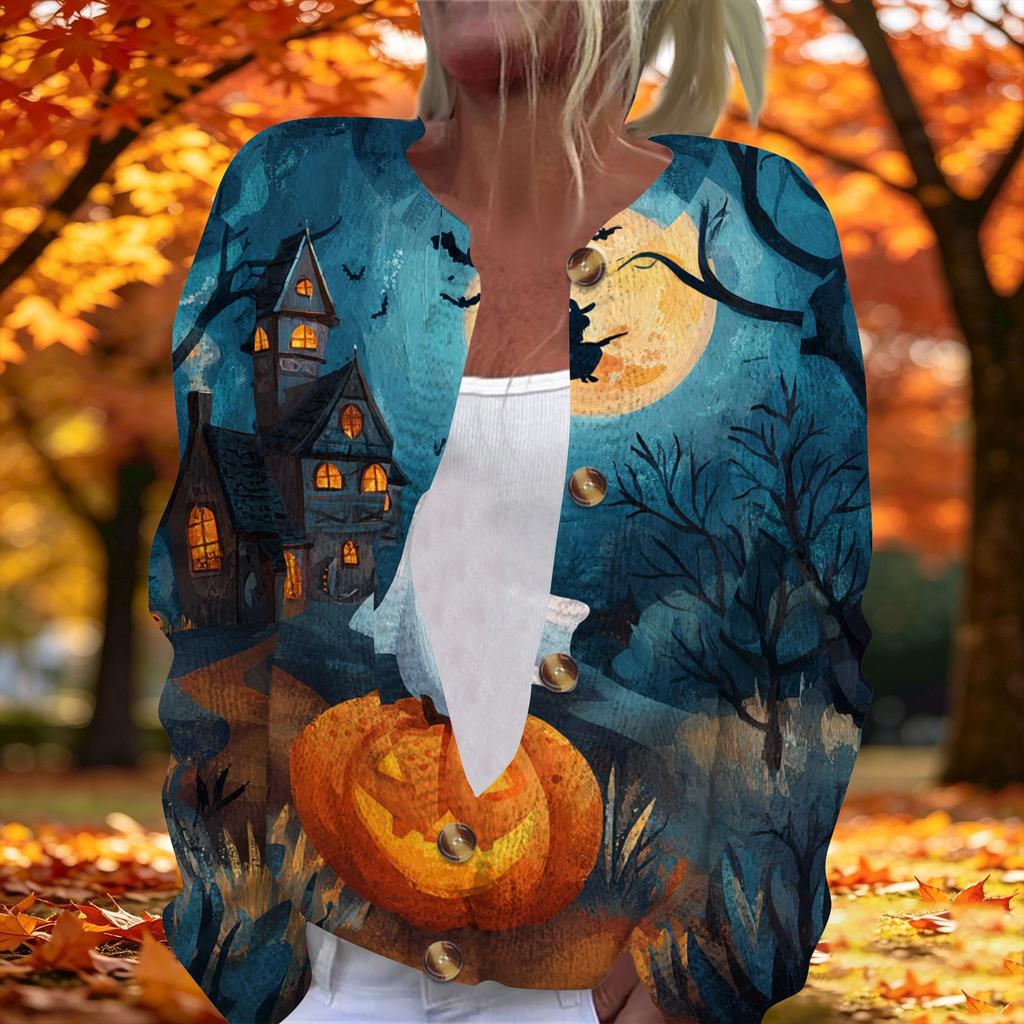 Women's Long Sleeve Knit Cardigan with Halloween Print Button Front for Fall Party