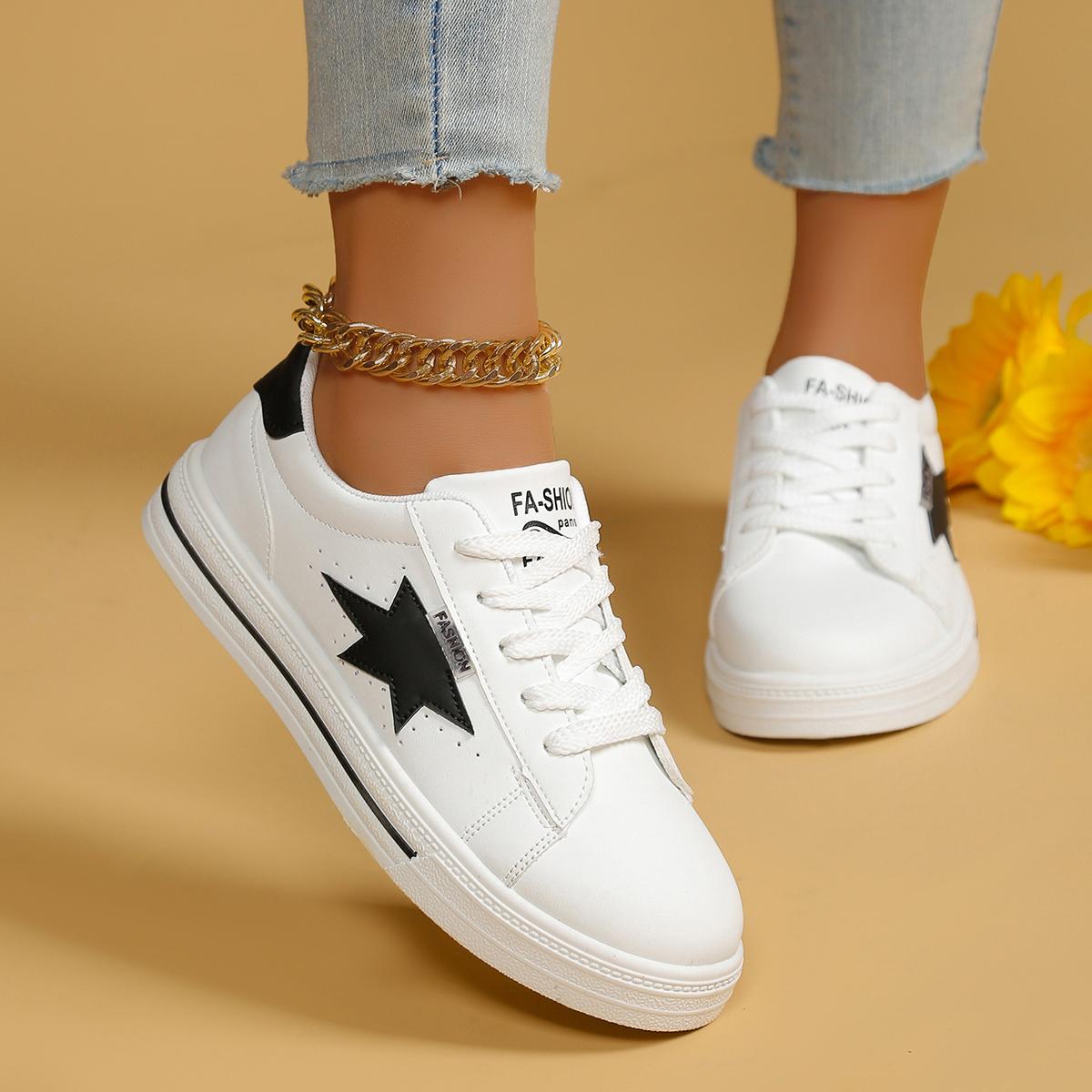 

Fashion Fashion Spliced Star Decoration Non Slip Skateboard Shoes Women 2025 Autumn Soft Flat Heel Lace Up Sneakers Casual White Shoes 35 белый