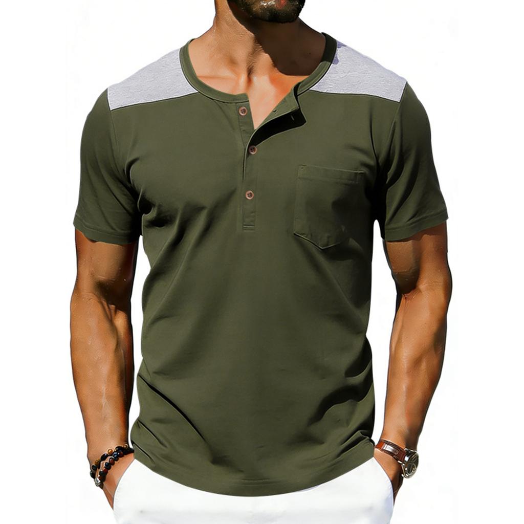 Men's Round Neck Single Breasted Casual Sportswear With Pockets And Contrasting Colors Short Sleeved