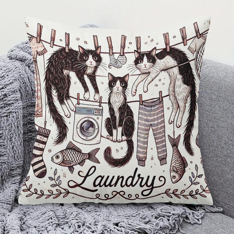 Cat Laundry Pillowcase Funny Washing Machine Cushion Cover Retro Farmhouse Decor Throw Pillow Black Cat Home Decor Laundry 40x40 cm