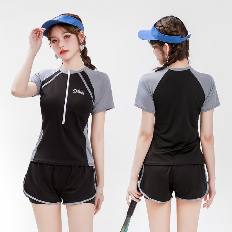 Costume da Bagno da Donna Costume da Bagno Sportivo a Manica Corta Patchwork per Piscina e Spiaggia Costume da Bagno Due Pezzi con Pantaloncini