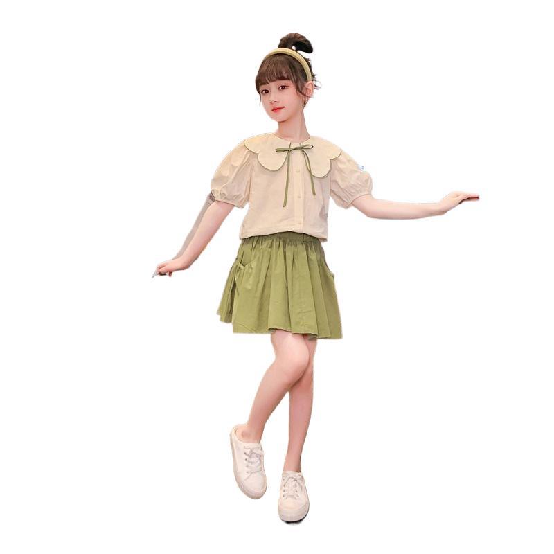 Girls Summer Fashion Two Piece Set Cute Peter Pan Collar Short Sleeve Top And Skirt Trendy Kids Clothing