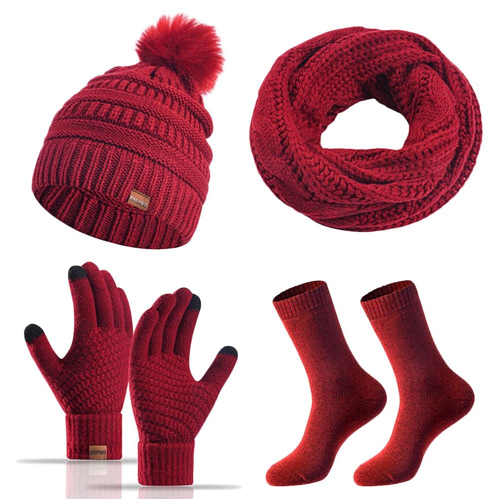 4Pcs/Set Soft Knitted Hat Ear Protection Touchscreen Gloves Gift Beanie Cap Scarf  Outdoor