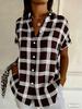 Women's Brown & White Gingham Plaid Print Button Down Shirt, Casual Collared Tops for Spring Summer Daily Vacation Wear